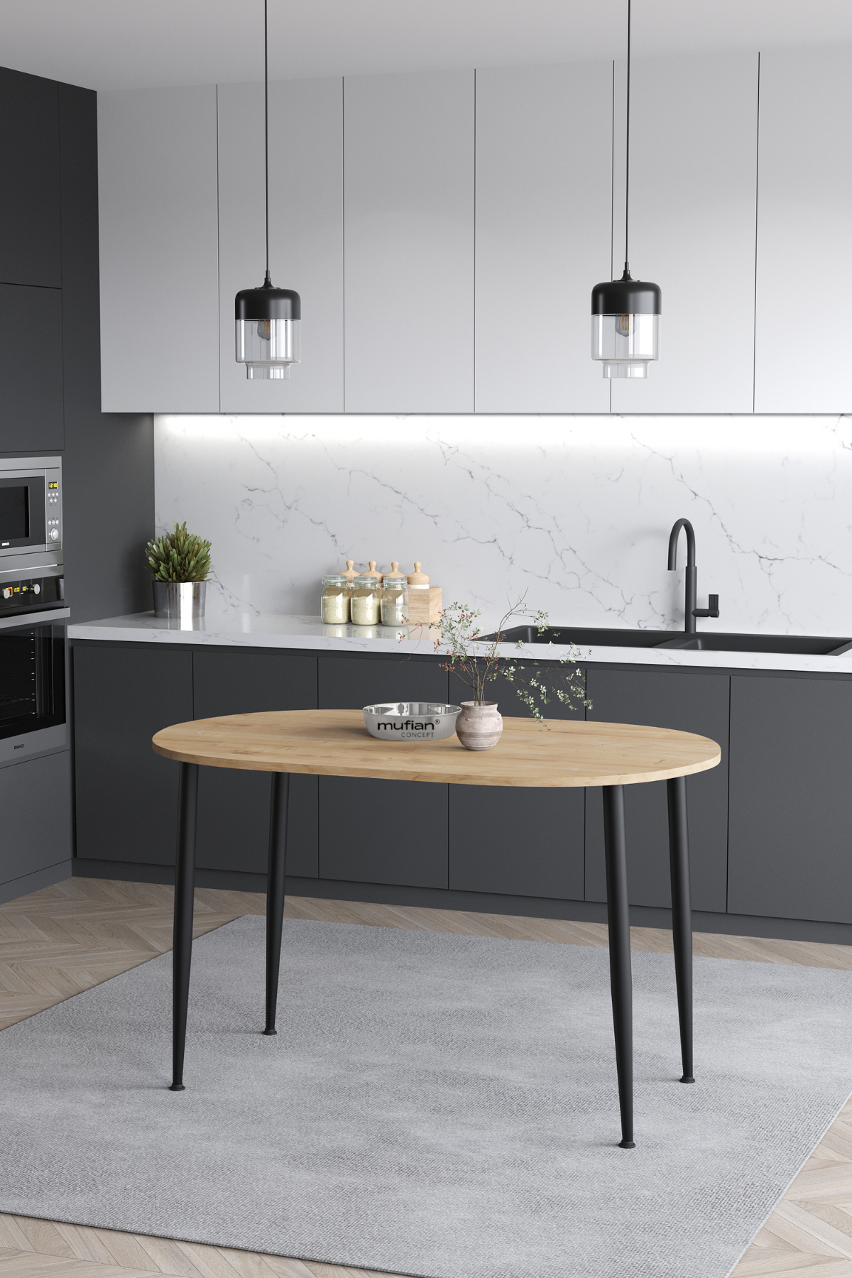 Melinda İskandinav Bohem Modern Oval Meşe Desenli Mutfak - Yemek - Balkon - Çalışma Masası