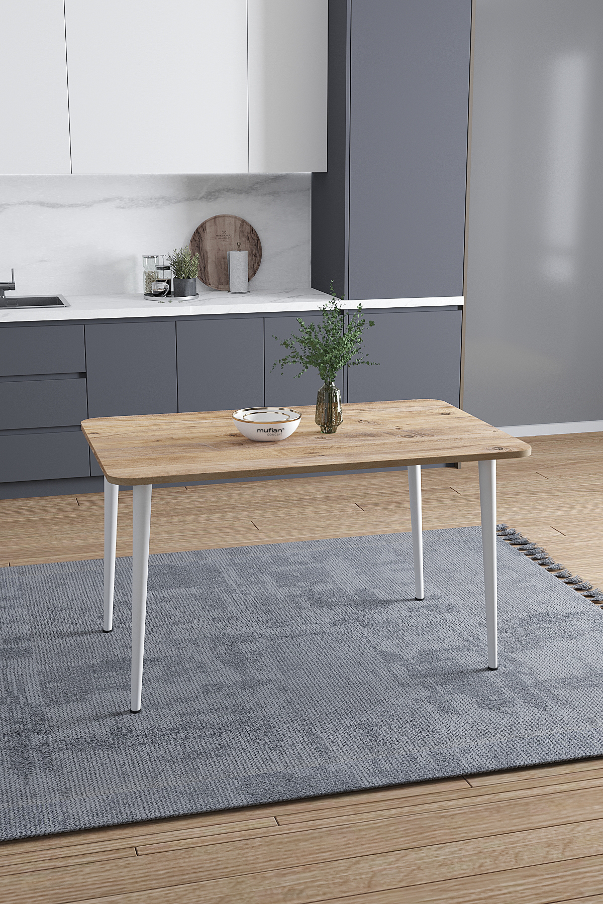 Damla İskandinav Bohem Modern Oval Beyaz Ayak Çam Desen Mutfak - Yemek - Balkon - Çalışma Masası