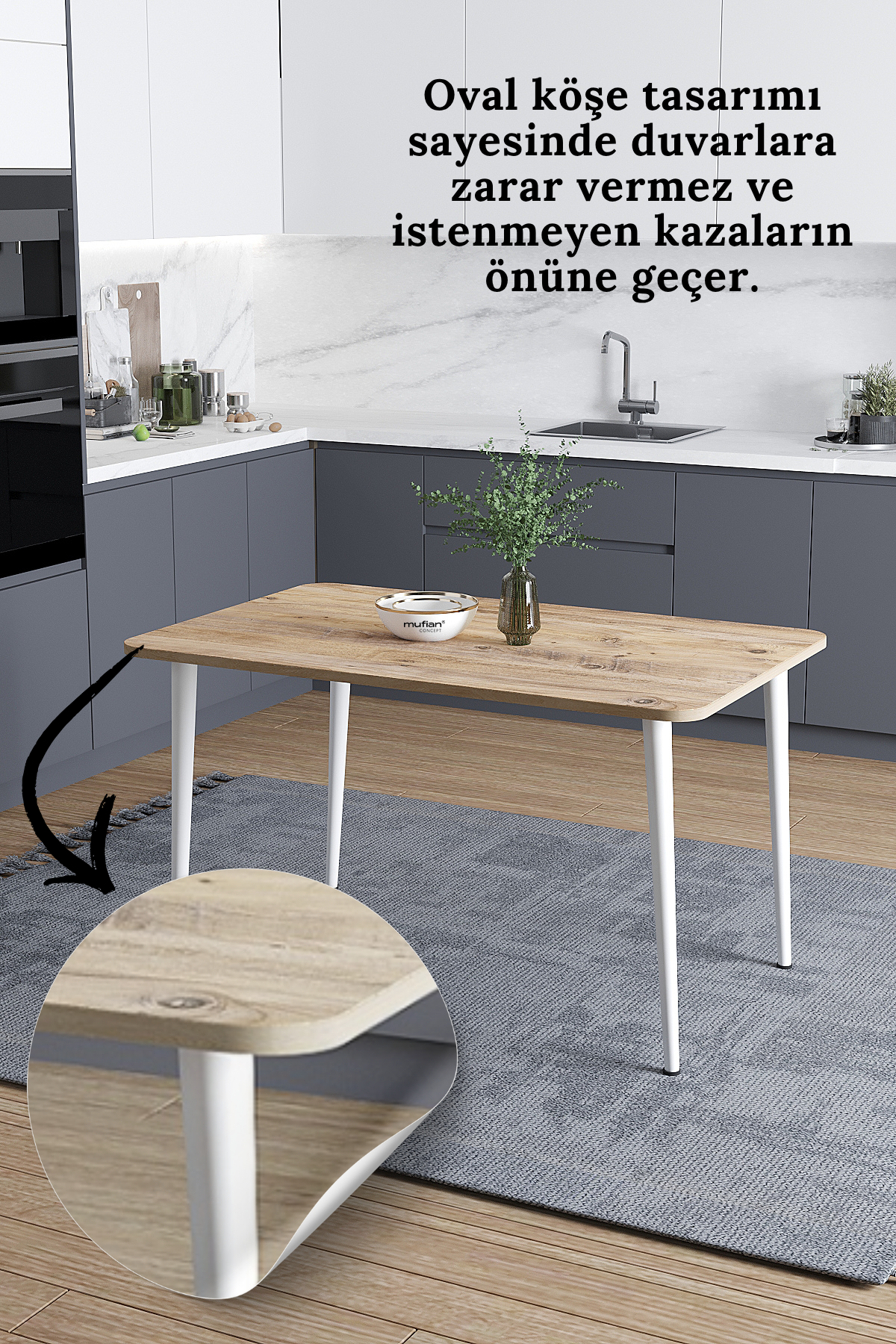 Damla İskandinav Bohem Modern Oval Beyaz Ayak Çam Desen Mutfak - Yemek - Balkon - Çalışma Masası