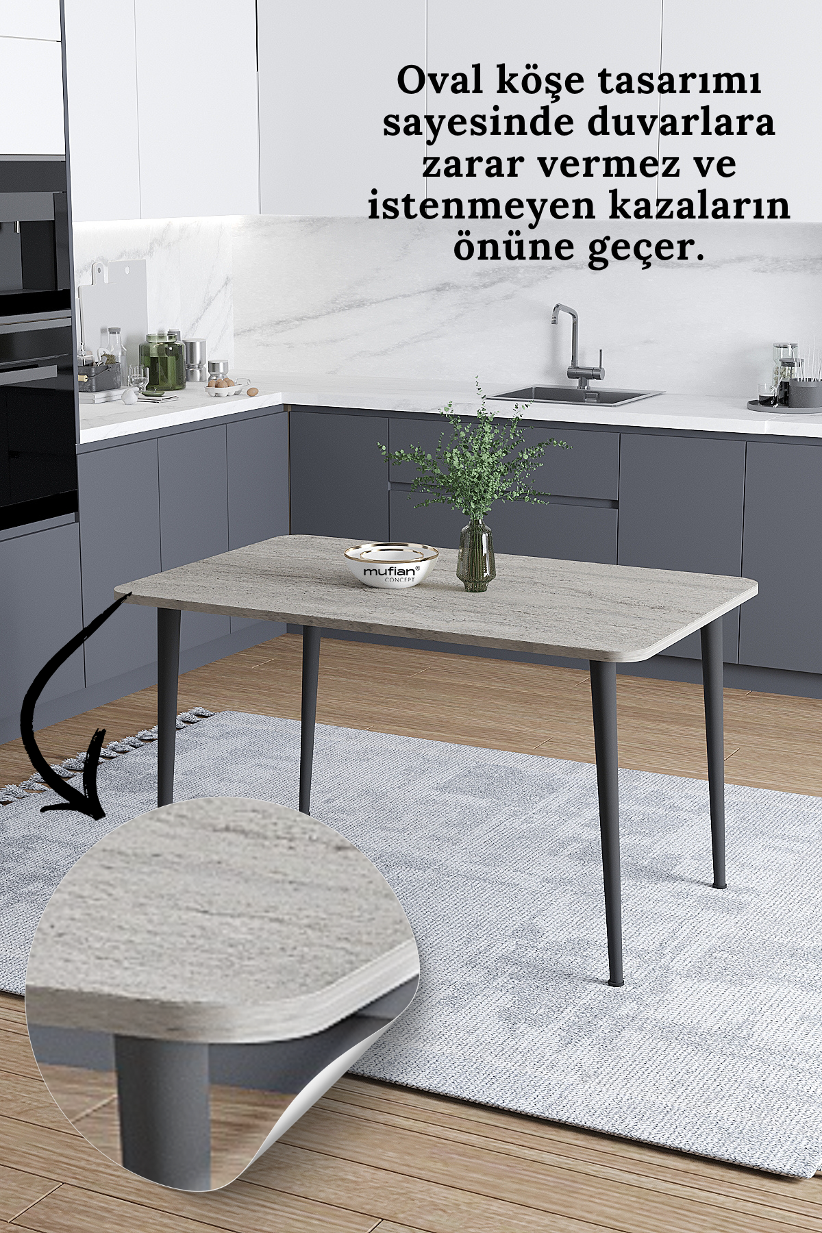 Damla İskandinav Bohem Modern Oval Traverten Desen Mutfak - Yemek - Balkon - Çalışma Masası
