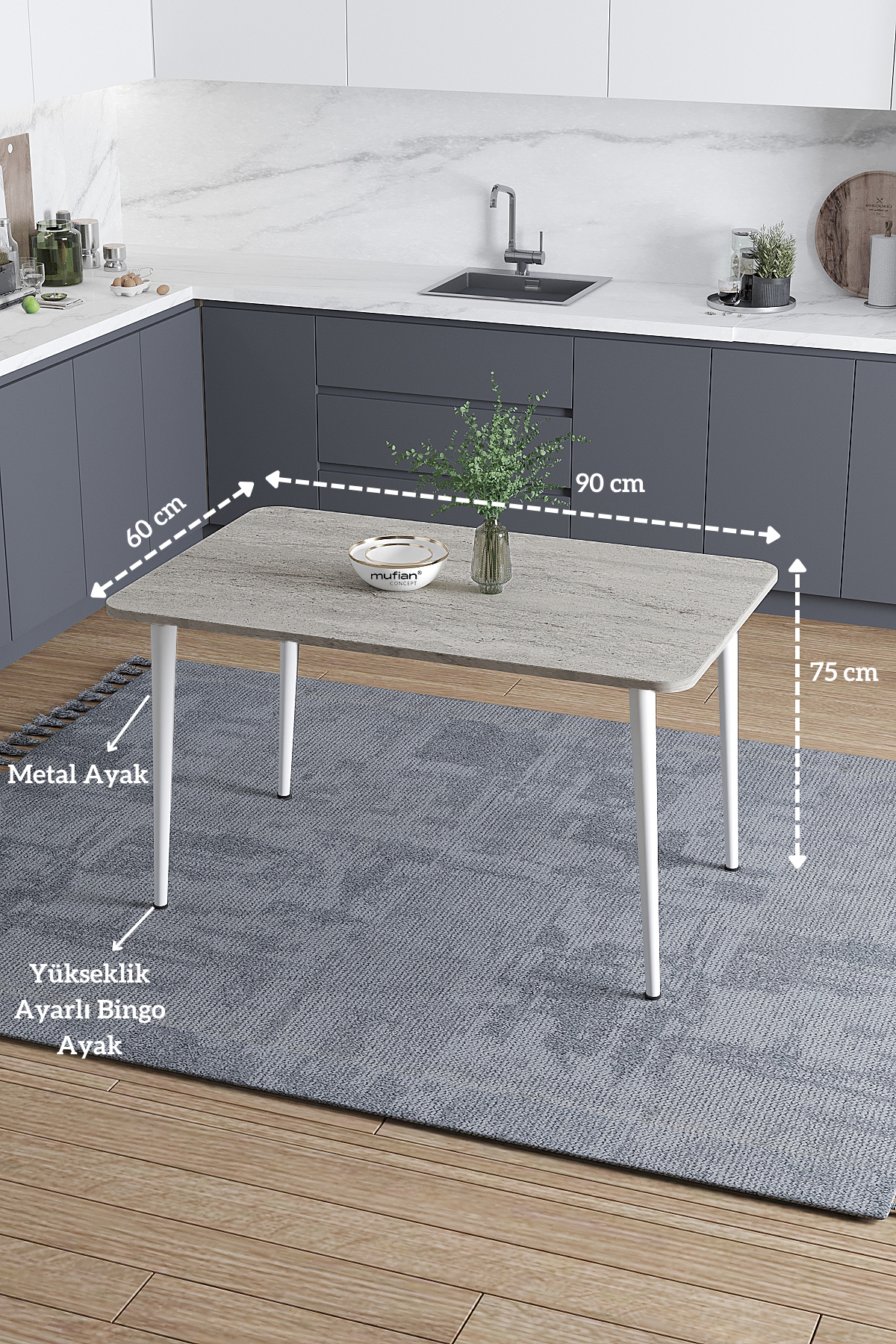 Damla İskandinav Bohem Modern Oval Beyaz Ayak Traverten Desen Mutfak - Yemek - Balkon - Çalışma Masası