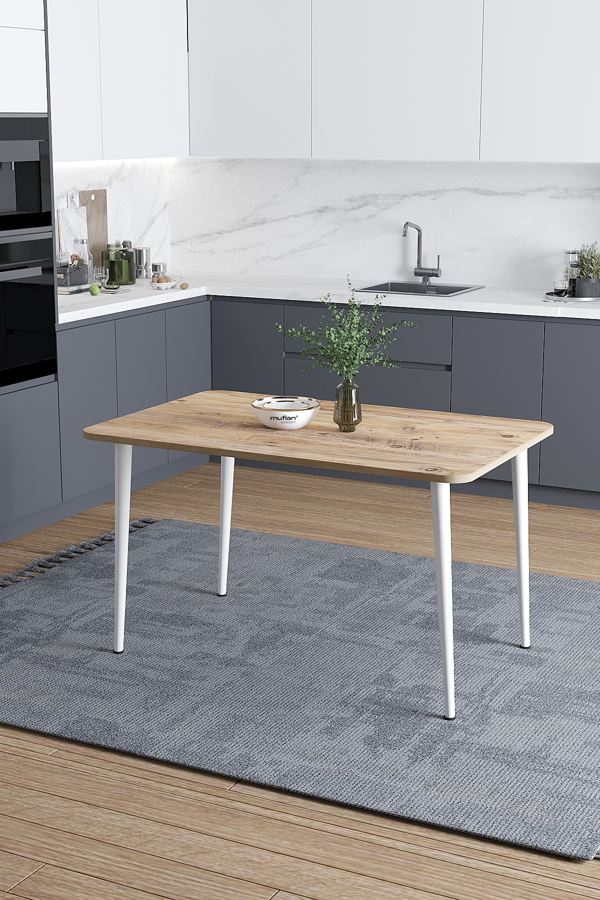 Damla İskandinav Bohem Modern Oval Beyaz Ayak Çam Desen Mutfak - Yemek - Balkon - Çalışma Masası