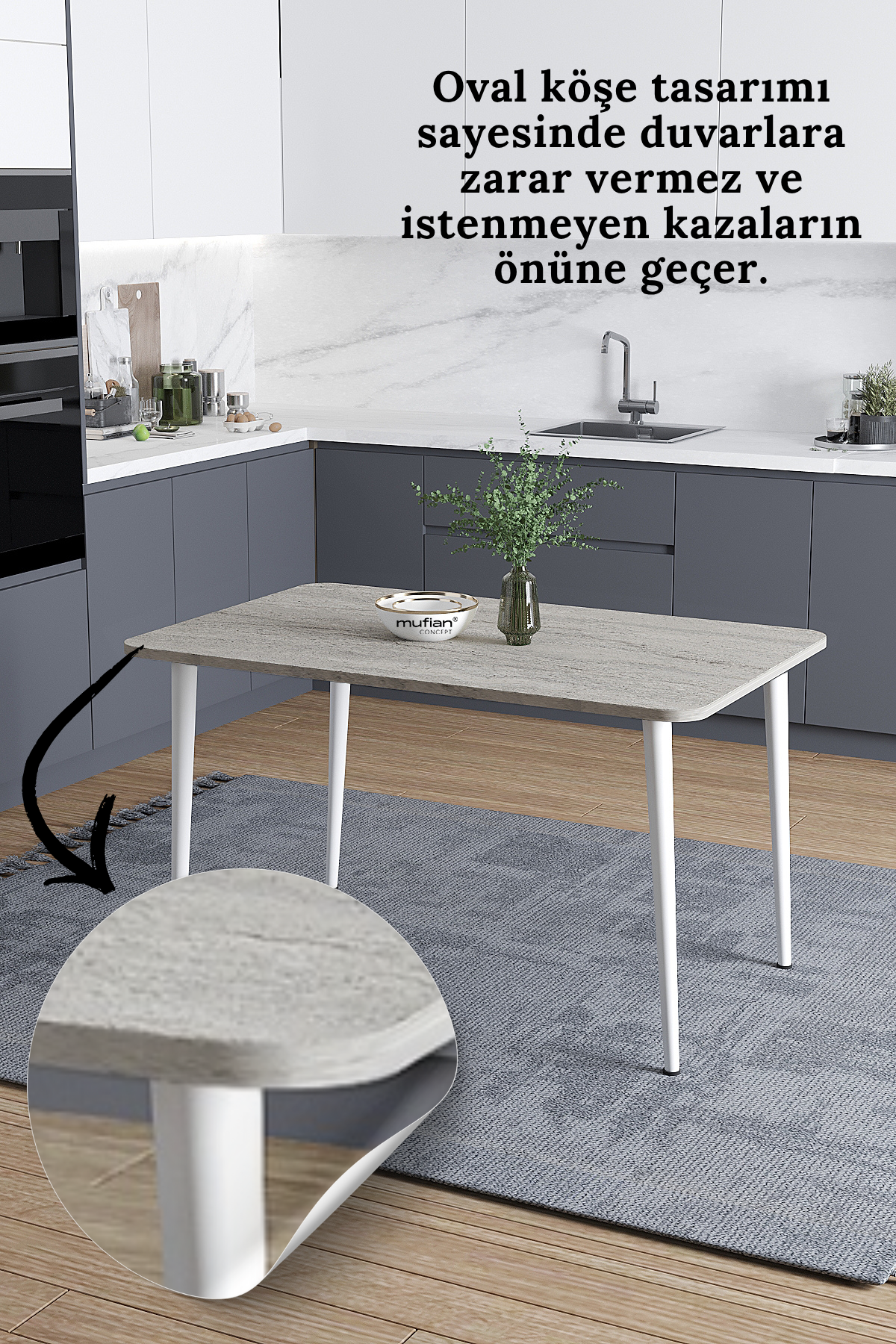 Damla İskandinav Bohem Modern Oval Beyaz Ayak Traverten Desen Mutfak - Yemek - Balkon - Çalışma Masası