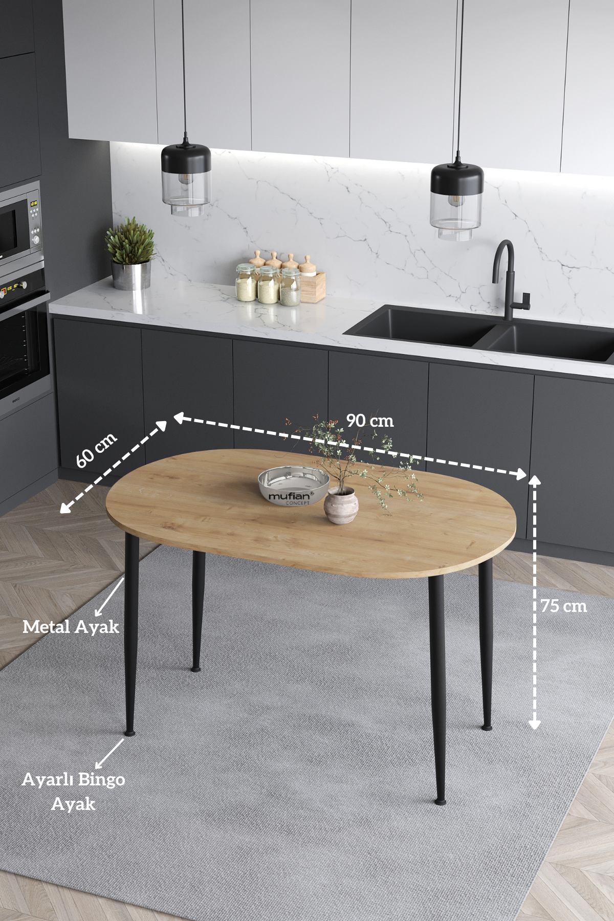 Melinda İskandinav Bohem Modern Oval Meşe Desenli Mutfak - Yemek - Balkon - Çalışma Masası