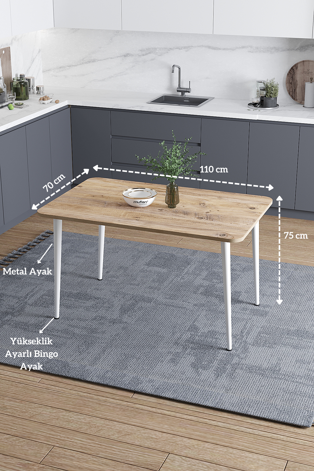 Damla İskandinav Bohem Modern Oval Beyaz Ayak Çam Desen Mutfak - Yemek - Balkon - Çalışma Masası