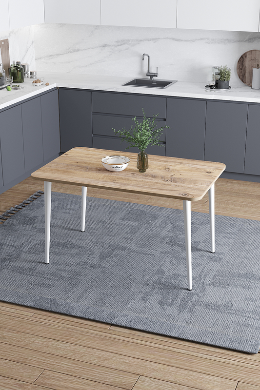 Damla İskandinav Bohem Modern Oval Beyaz Ayak Çam Desen Mutfak - Yemek - Balkon - Çalışma Masası