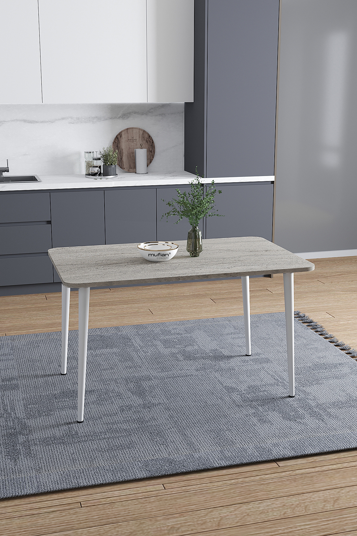 Damla İskandinav Bohem Modern Oval Beyaz Ayak Traverten Desen Mutfak - Yemek - Balkon - Çalışma Masası