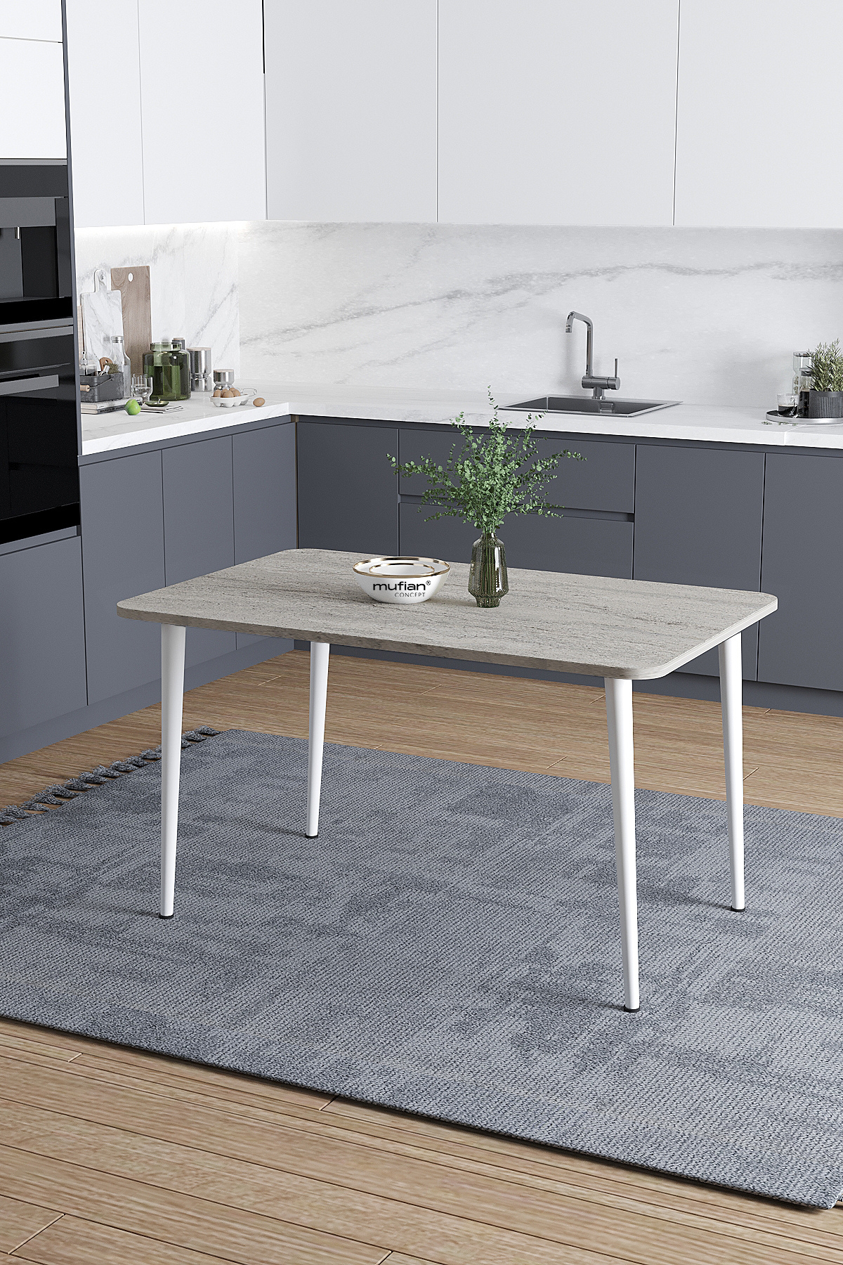 Damla İskandinav Bohem Modern Oval Beyaz Ayak Traverten Desen Mutfak - Yemek - Balkon - Çalışma Masası