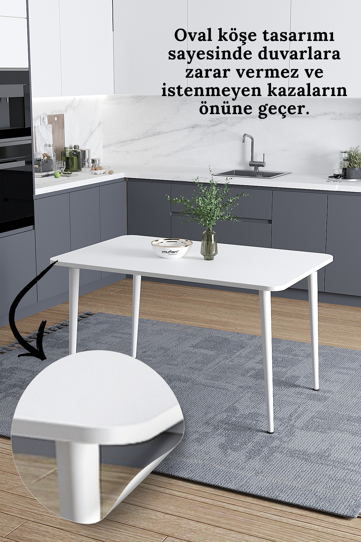 Damla İskandinav Bohem Modern Oval Beyaz Ayak Beyaz Mutfak - Yemek - Balkon - Çalışma Masası