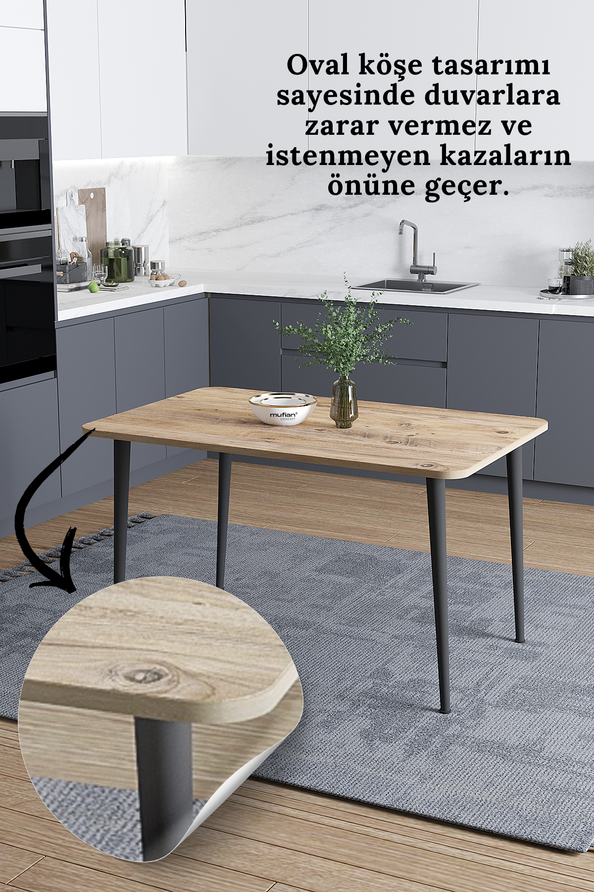 Damla İskandinav Bohem Modern Oval Çam Desen Mutfak - Yemek - Balkon - Çalışma Masası