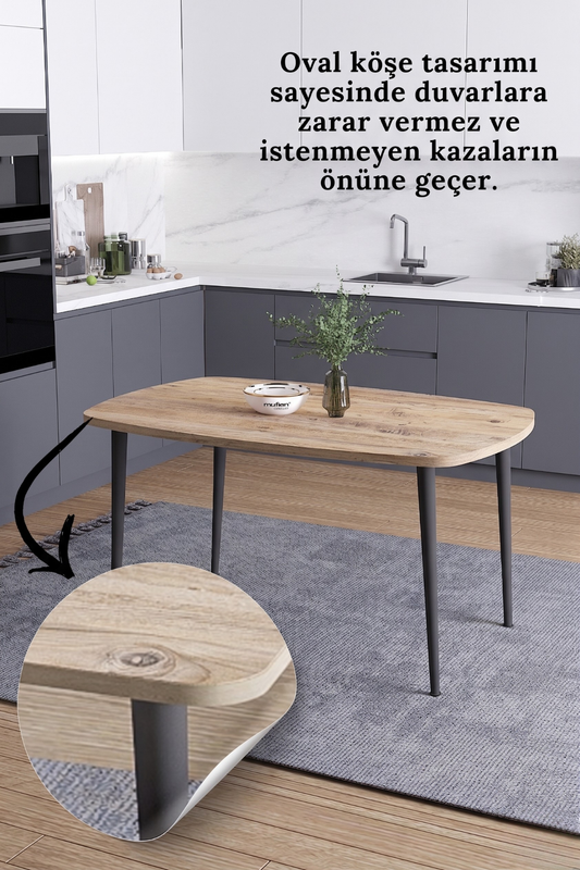 LUNA İskandinav Bohem Oval Metal Ayaklı Atlantik Çam Mutfak-Yemek-Balkon-Çalışma Masası
