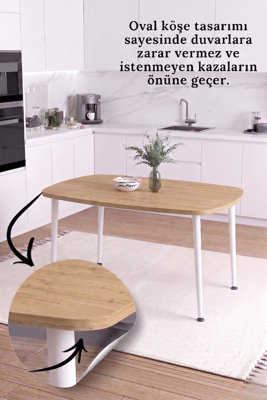 LUNA İskandinav Bohem Oval Beyaz Metal Ayaklı Meşe Mutfak-Yemek-Balkon-Çalışma Masası