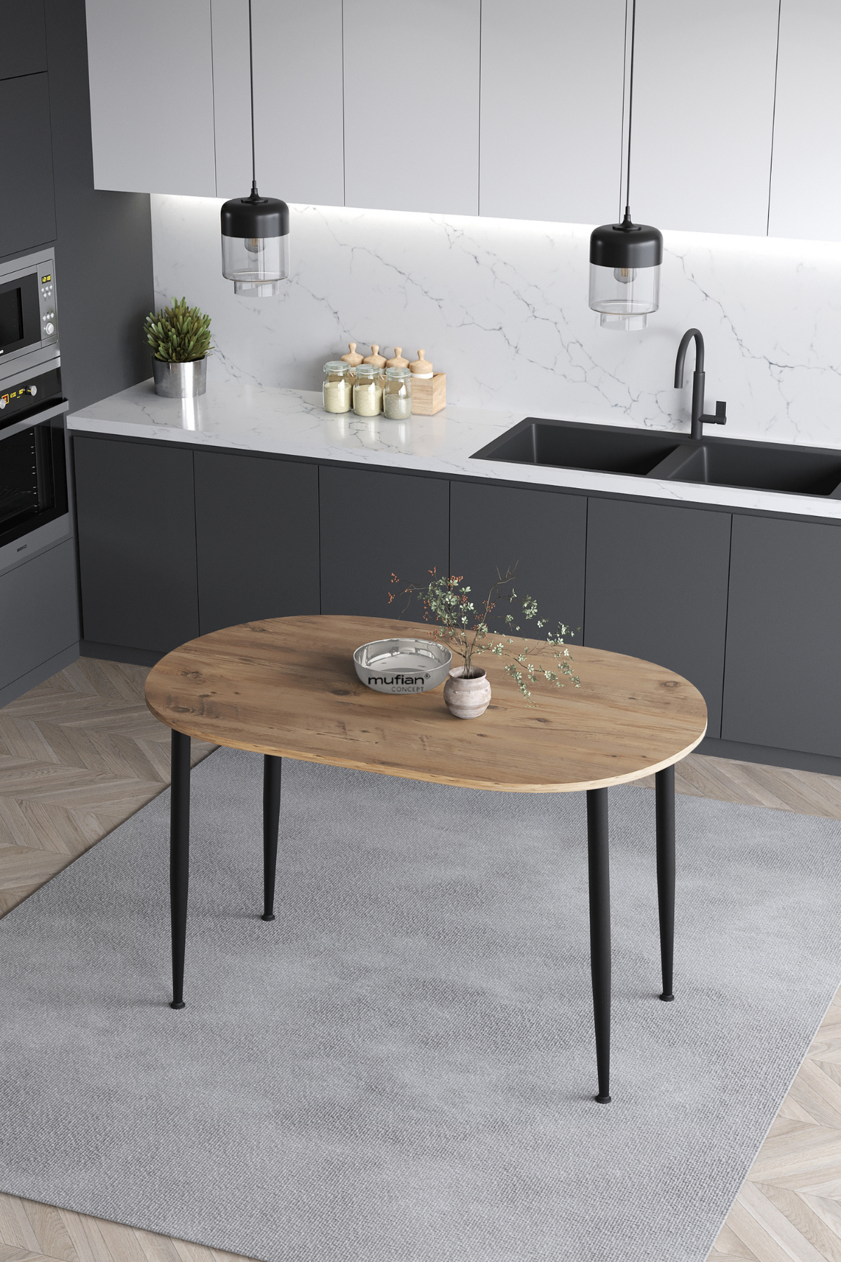 Melinda İskandinav Bohem Modern Oval Çam Desenli Mutfak - Yemek - Balkon - Çalışma Masası