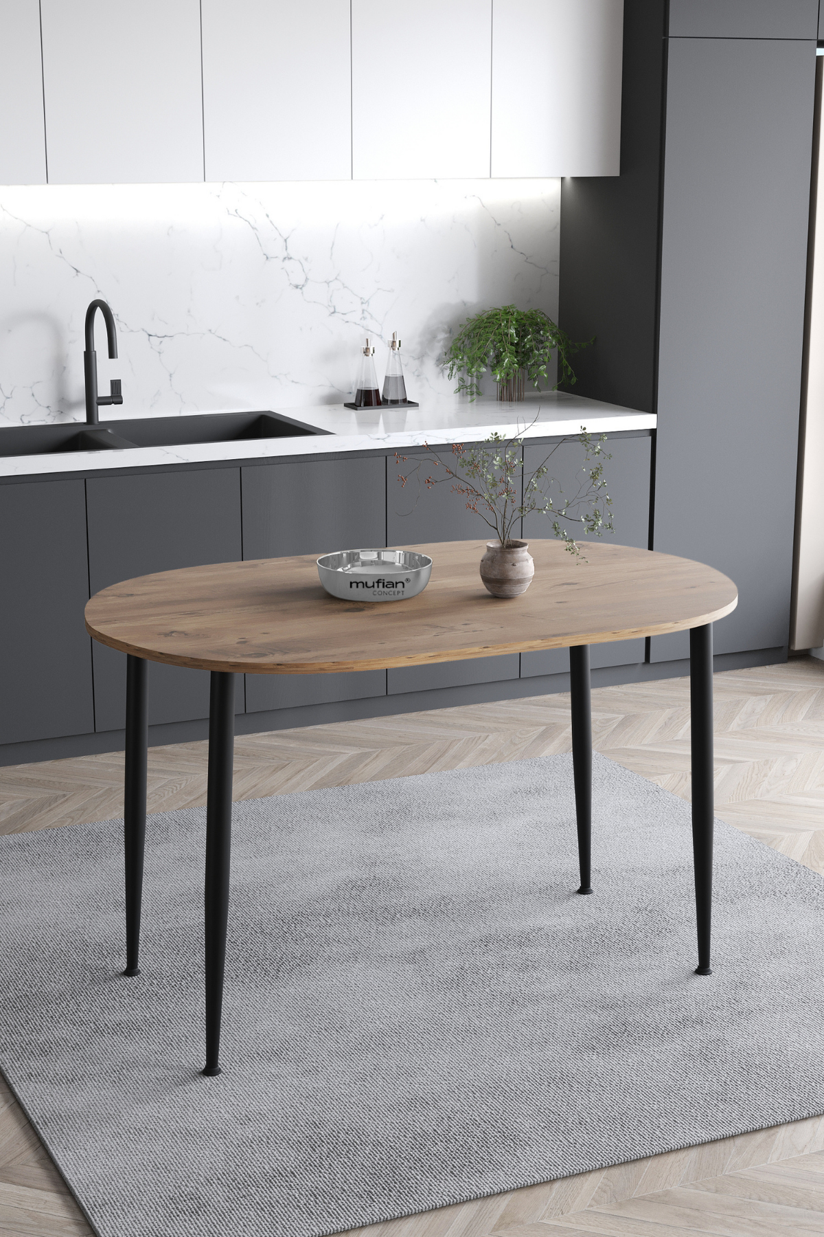 Melinda İskandinav Bohem Modern Oval Çam Desenli Mutfak - Yemek - Balkon - Çalışma Masası