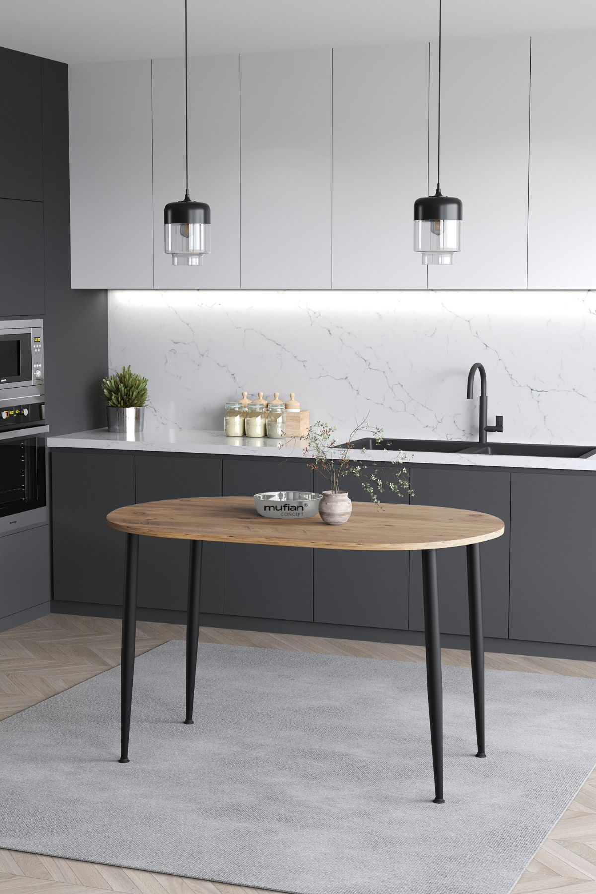 Melinda İskandinav Bohem Modern Oval Çam Desenli Mutfak - Yemek - Balkon - Çalışma Masası
