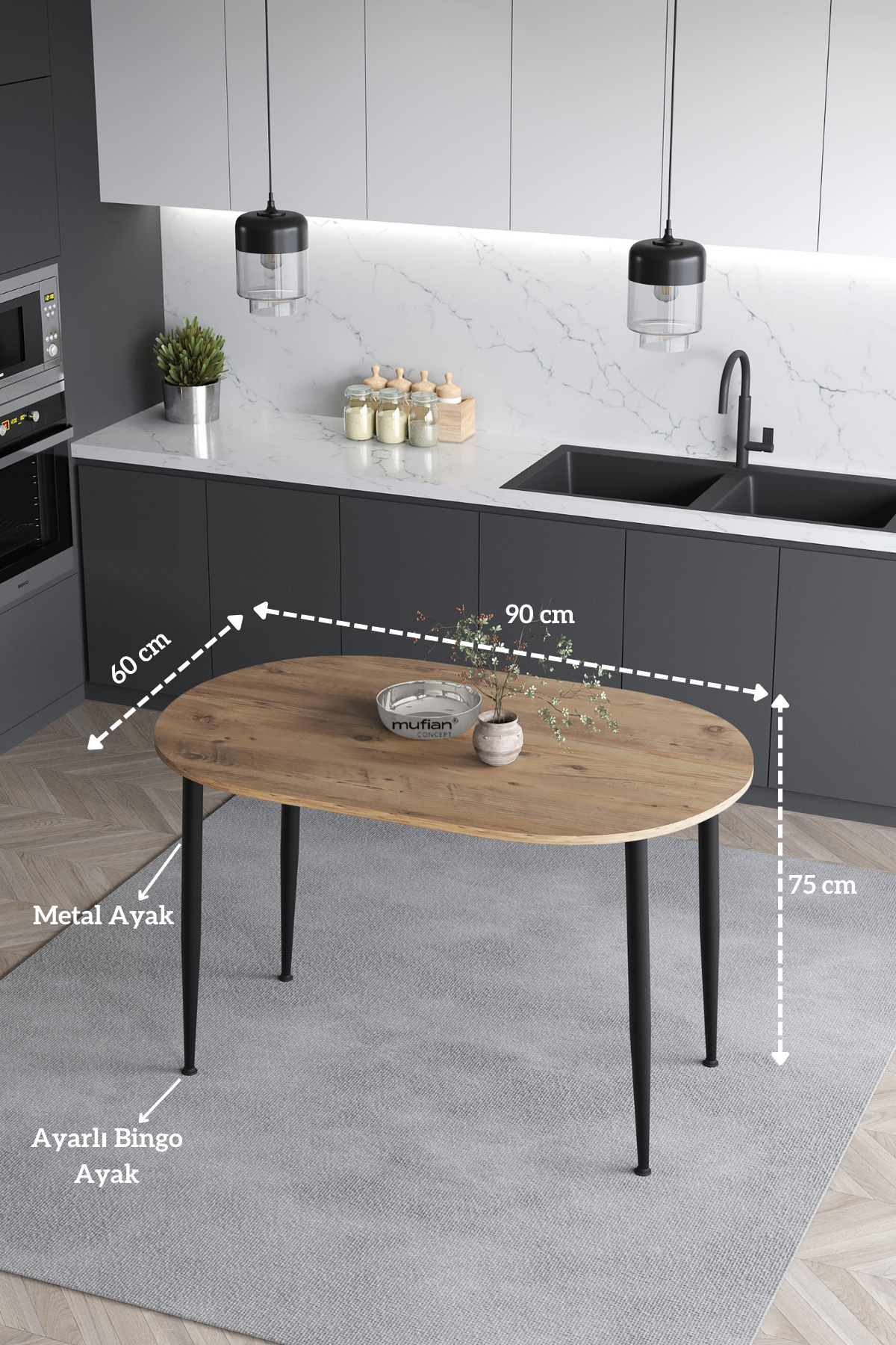 Melinda İskandinav Bohem Modern Oval Çam Desenli Mutfak - Yemek - Balkon - Çalışma Masası