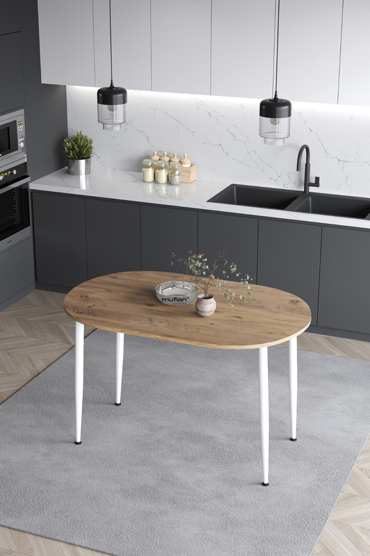 Melinda İskandinav Bohem Modern Oval Beyaz Ayaklı Çam Desenli Mutfak - Yemek - Balkon - Çalışma Masası