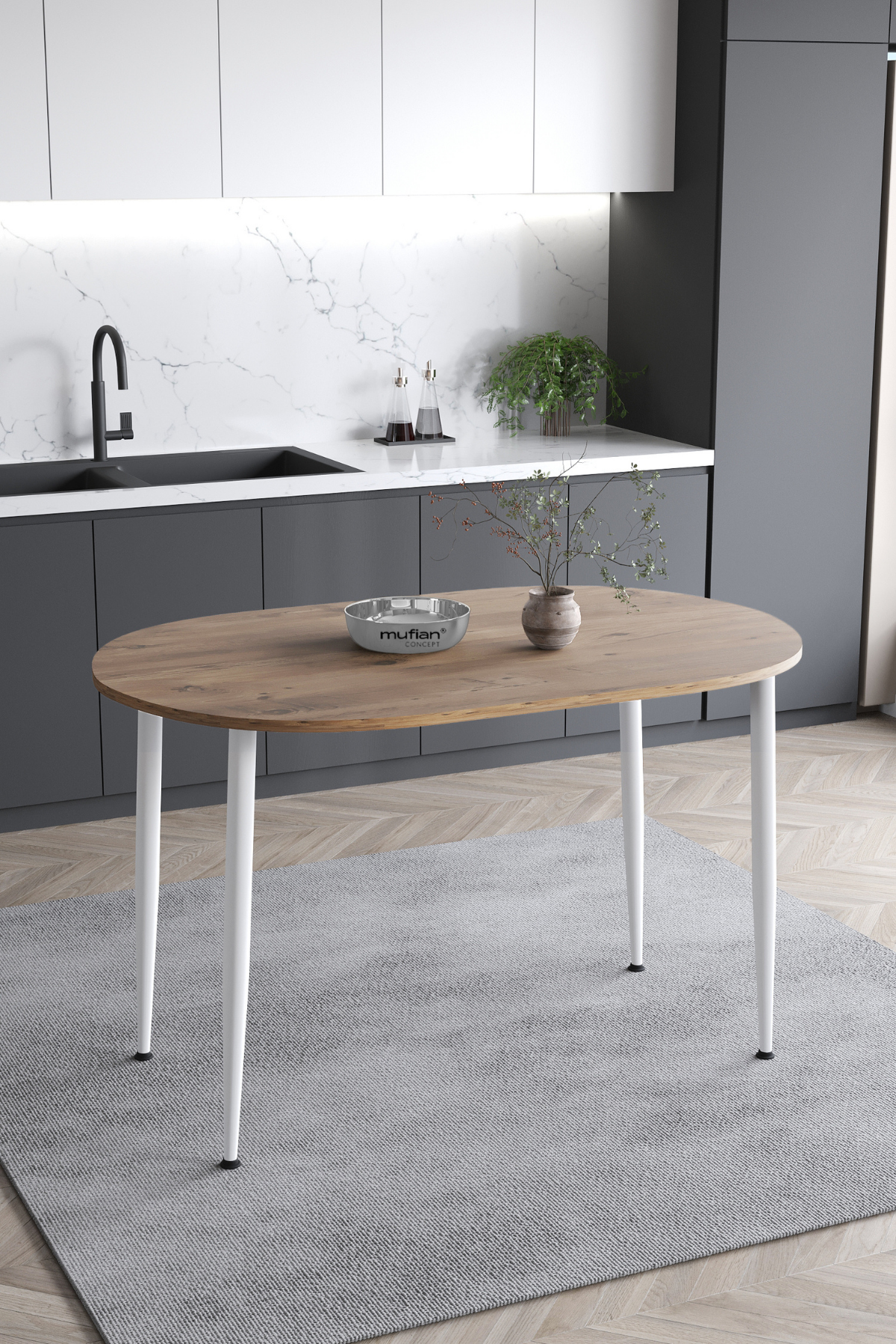Melinda İskandinav Bohem Modern Oval Beyaz Ayaklı Çam Desenli Mutfak - Yemek - Balkon - Çalışma Masası