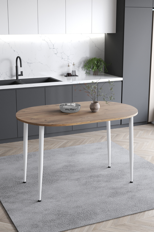 Melinda İskandinav Bohem Modern Oval Beyaz Ayaklı Çam Desenli Mutfak - Yemek - Balkon - Çalışma Masası