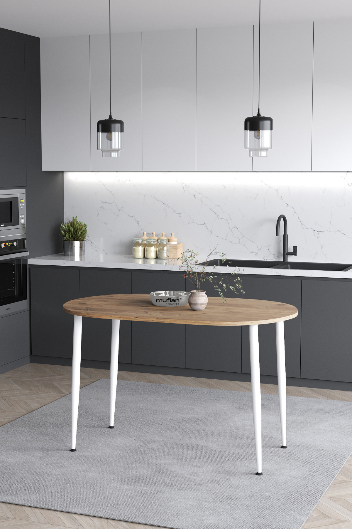 Melinda İskandinav Bohem Modern Oval Beyaz Ayaklı Çam Desenli Mutfak - Yemek - Balkon - Çalışma Masası