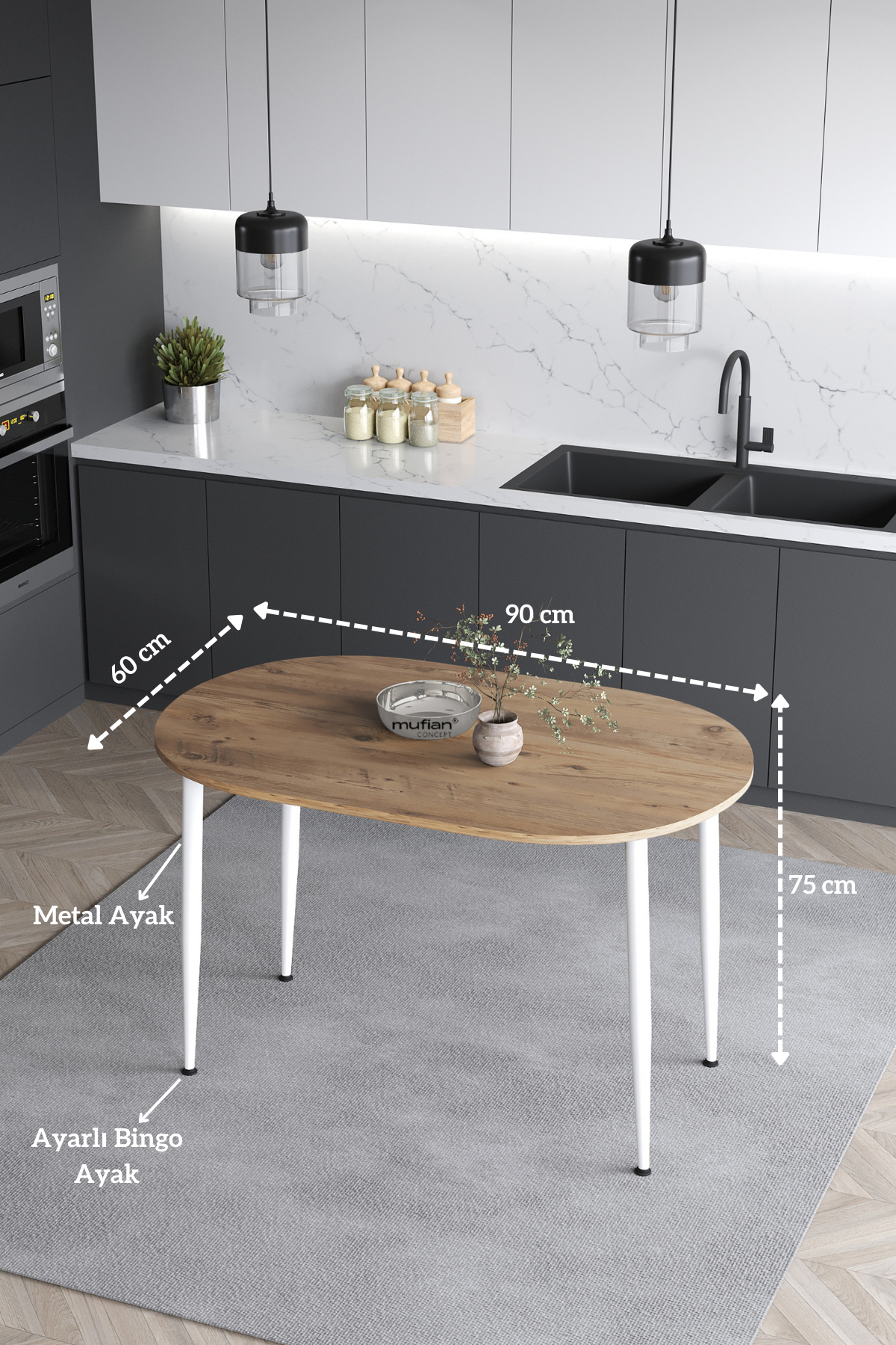 Melinda İskandinav Bohem Modern Oval Beyaz Ayaklı Çam Desenli Mutfak - Yemek - Balkon - Çalışma Masası