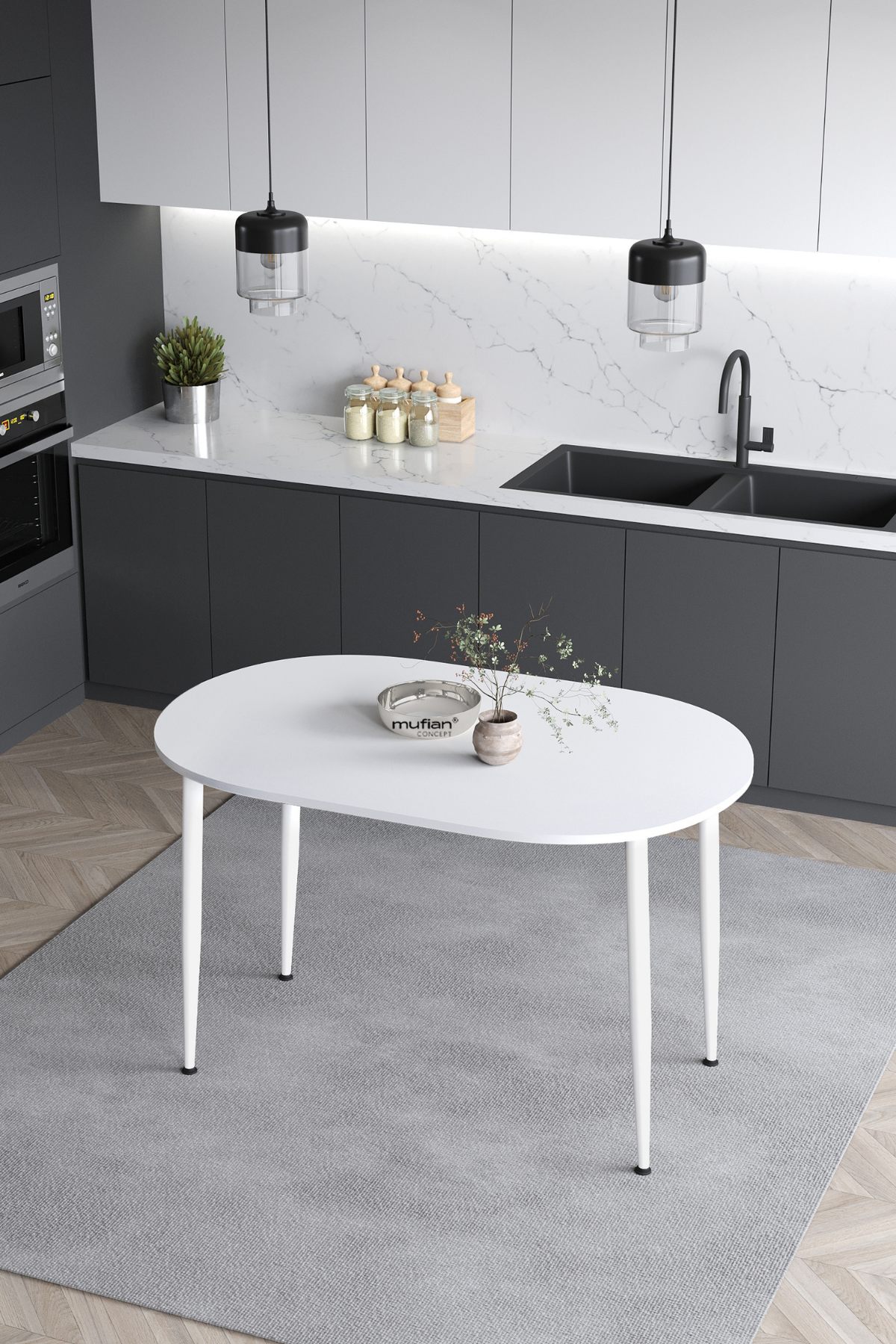 Melinda İskandinav Bohem Modern Oval Beyaz Ayaklı Beyaz Mutfak - Yemek - Balkon - Çalışma Masası