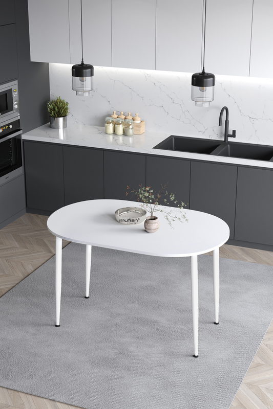 Melinda İskandinav Bohem Modern Oval Beyaz Ayaklı Beyaz Mutfak - Yemek - Balkon - Çalışma Masası