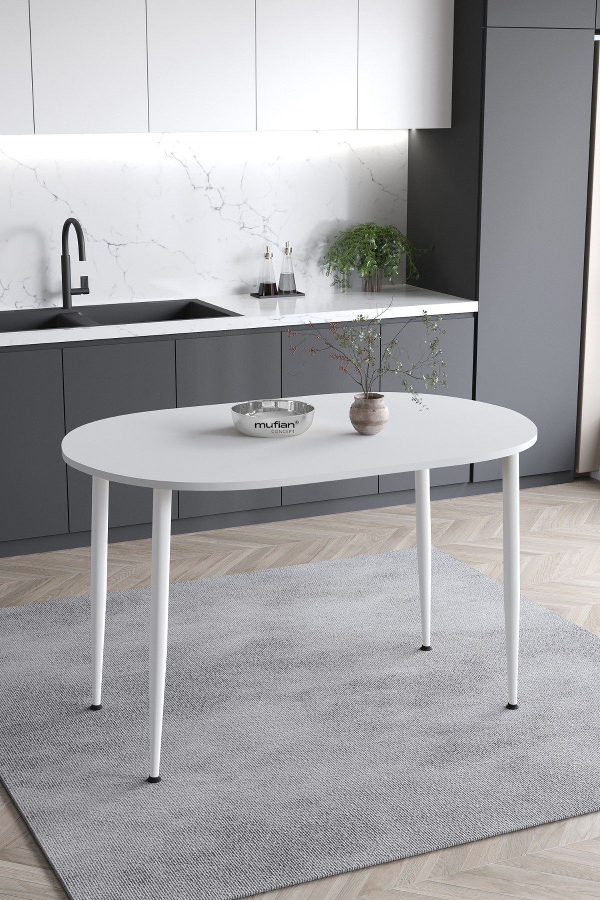 Melinda İskandinav Bohem Modern Oval Beyaz Ayaklı Beyaz Mutfak - Yemek - Balkon - Çalışma Masası