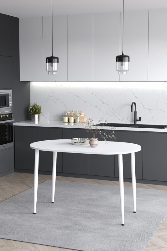 Melinda İskandinav Bohem Modern Oval Beyaz Ayaklı Beyaz Mutfak - Yemek - Balkon - Çalışma Masası