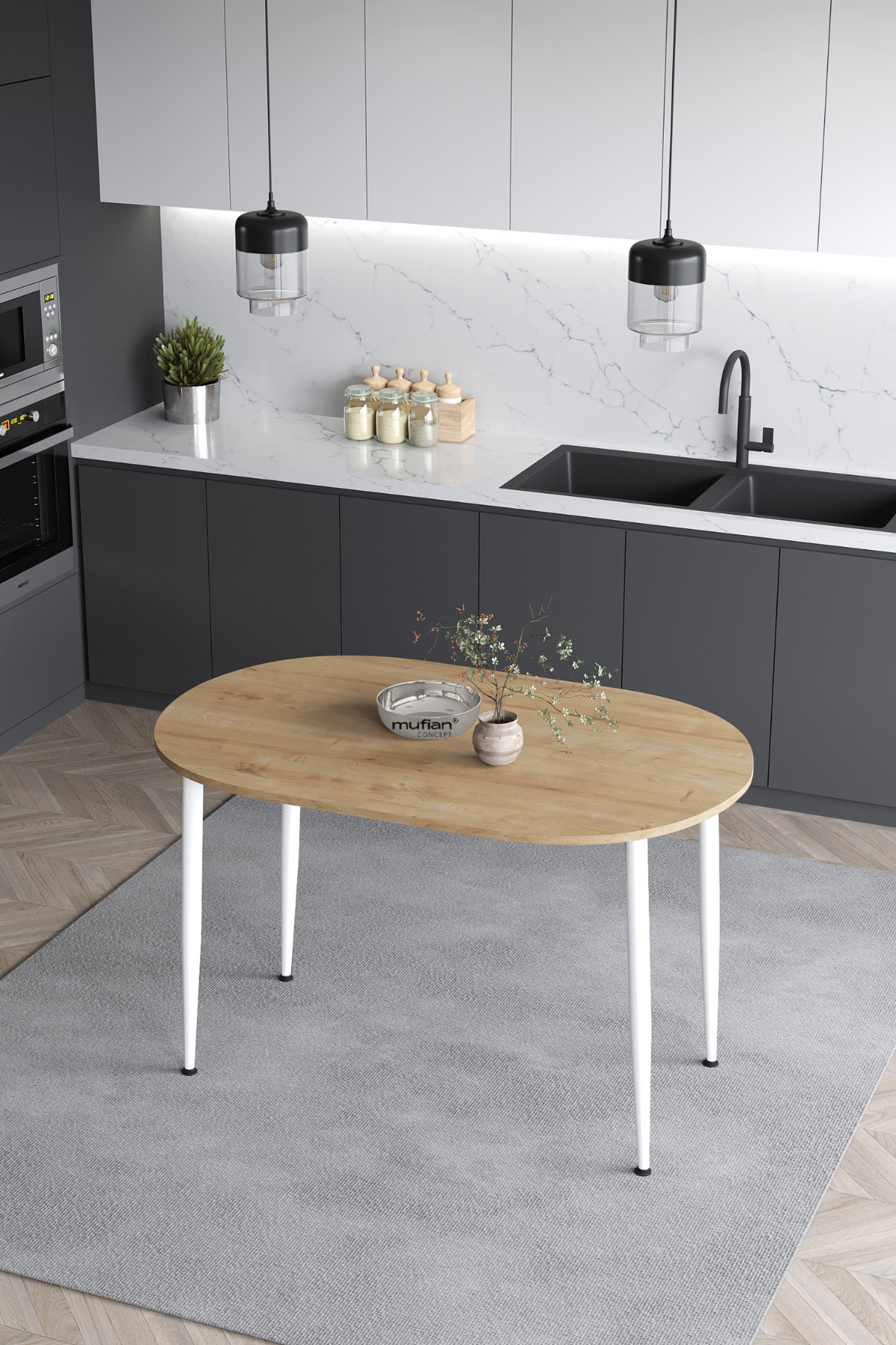Melinda İskandinav Bohem Modern Oval Beyaz Ayaklı Meşe Desenli Mutfak - Yemek - Balkon - Çalışma Masası