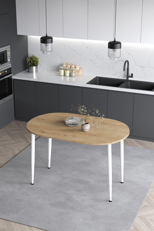 Melinda İskandinav Bohem Modern Oval Beyaz Ayaklı Meşe Desenli Mutfak - Yemek - Balkon - Çalışma Masası