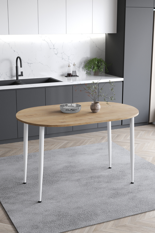 Melinda İskandinav Bohem Modern Oval Beyaz Ayaklı Meşe Desenli Mutfak - Yemek - Balkon - Çalışma Masası