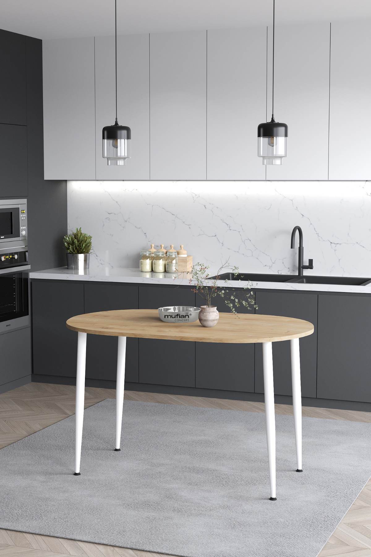 Melinda İskandinav Bohem Modern Oval Beyaz Ayaklı Meşe Desenli Mutfak - Yemek - Balkon - Çalışma Masası