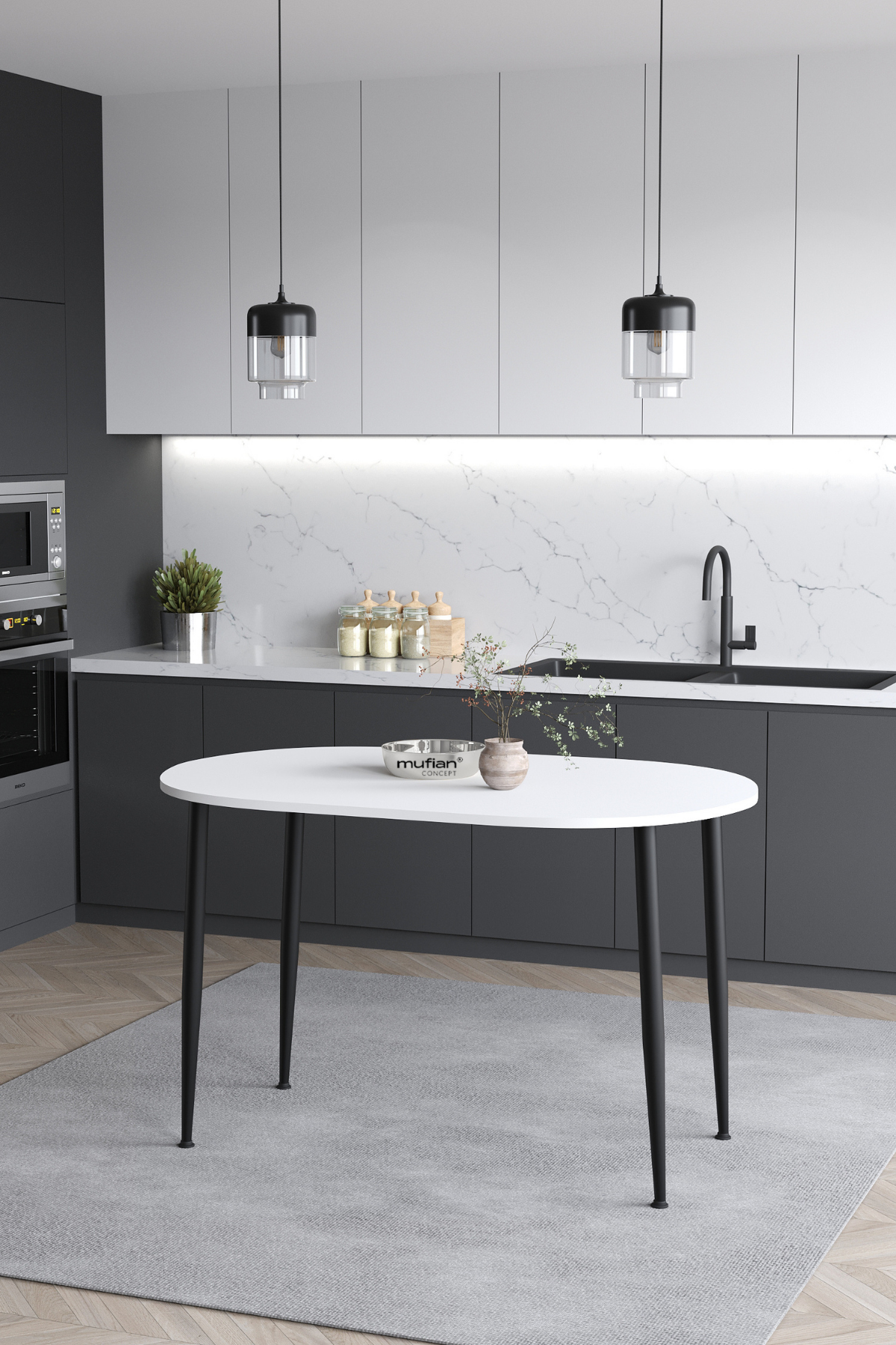 Melinda İskandinav Bohen Modern Oval Beyaz Mutfak - Yemek - Balkon - Çalışma Masası