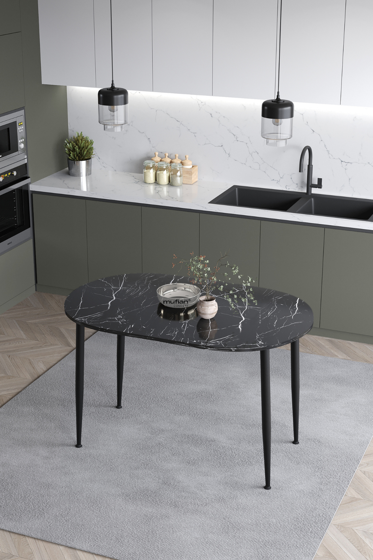 Melinda Iskandinav Bohem Modern Oval Siyah Mermer Desenli Mutfak - Yemek - Balkon - Çalışma Masası