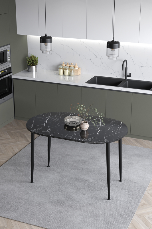 Melinda Iskandinav Bohem Modern Oval Siyah Mermer Desenli Mutfak - Yemek - Balkon - Çalışma Masası
