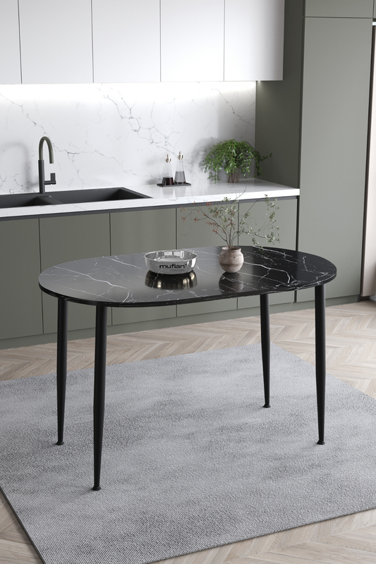 Melinda Iskandinav Bohem Modern Oval Siyah Mermer Desenli Mutfak - Yemek - Balkon - Çalışma Masası