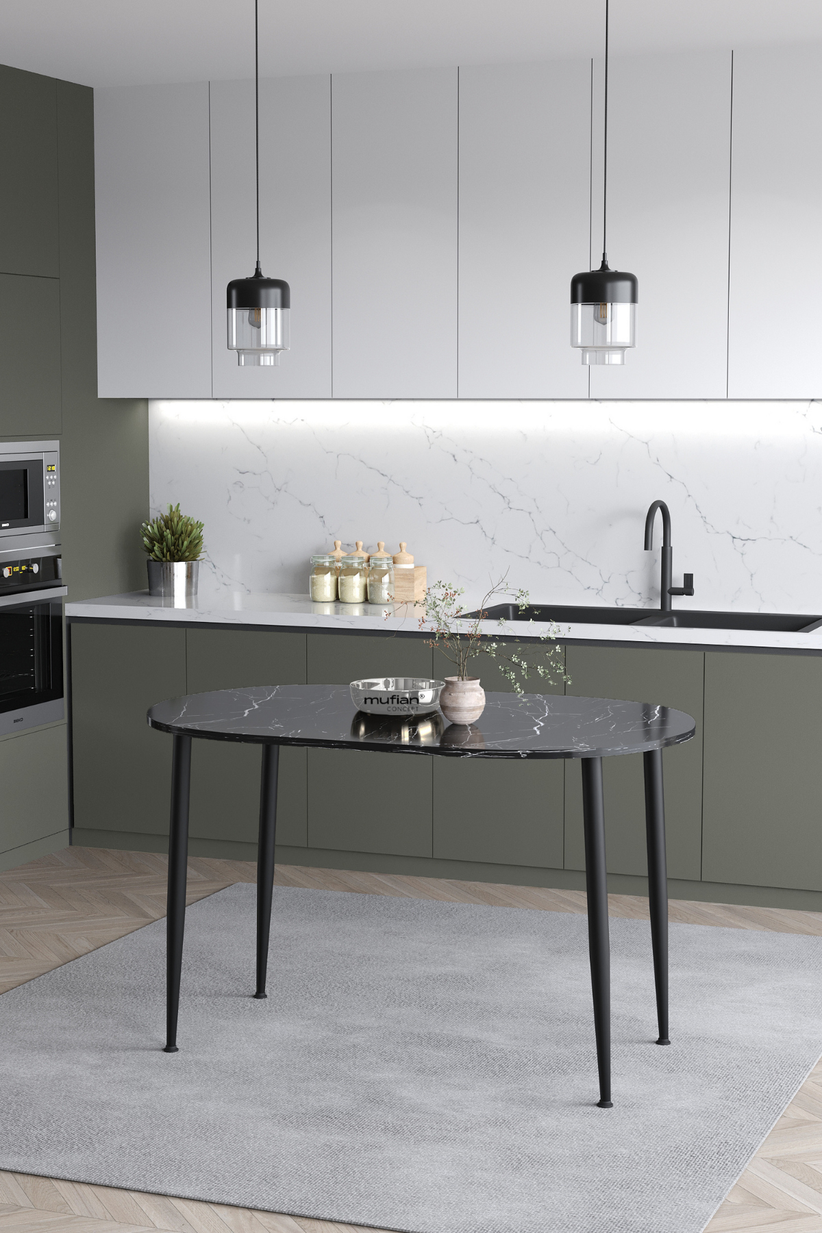 Melinda Iskandinav Bohem Modern Oval Siyah Mermer Desenli Mutfak - Yemek - Balkon - Çalışma Masası