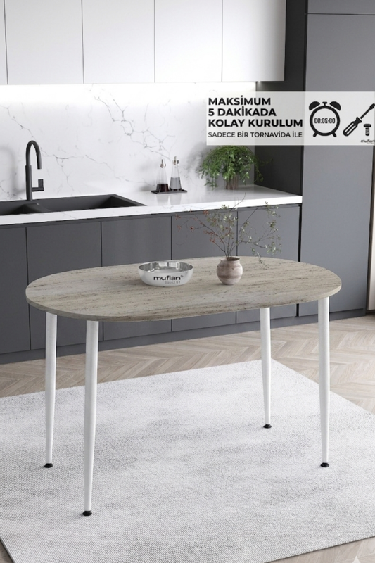 Melinda İskandinav - Bohem Modern Oval Beyaz Ayak Traverten Desen Mutfak - Yemek - Balkon - Çalışma Masası