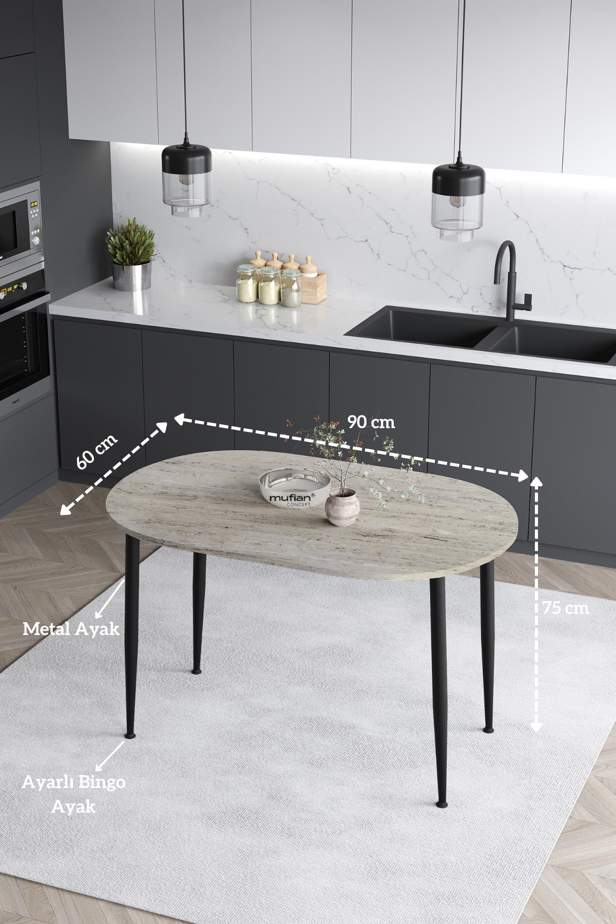 Melinda İskandinav - Bohem Modern Oval Traverten Desen Mutfak - Yemek - Balkon - Çalışma Masası