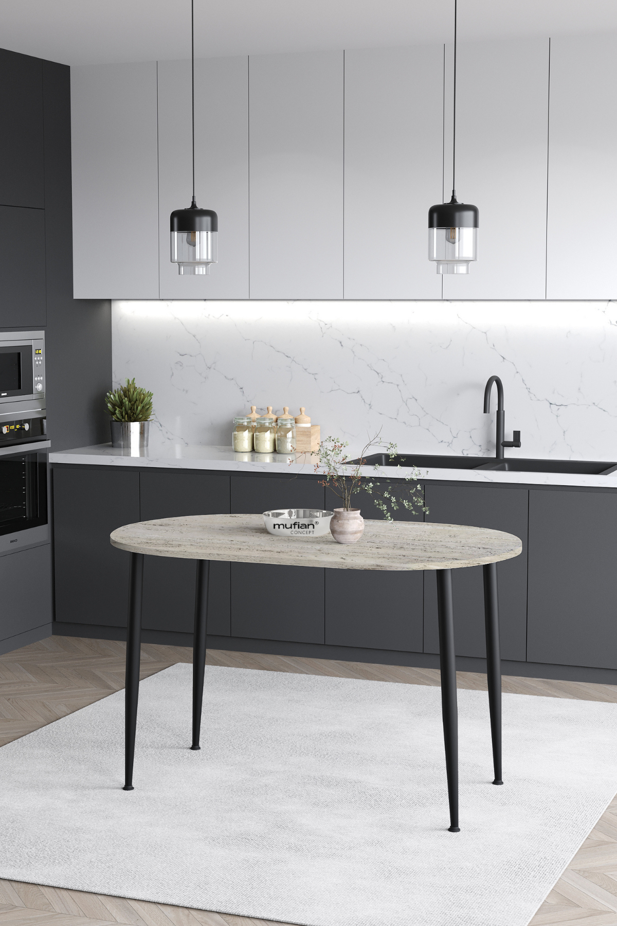 Melinda İskandinav - Bohem Modern Oval Traverten Desen Mutfak - Yemek - Balkon - Çalışma Masası