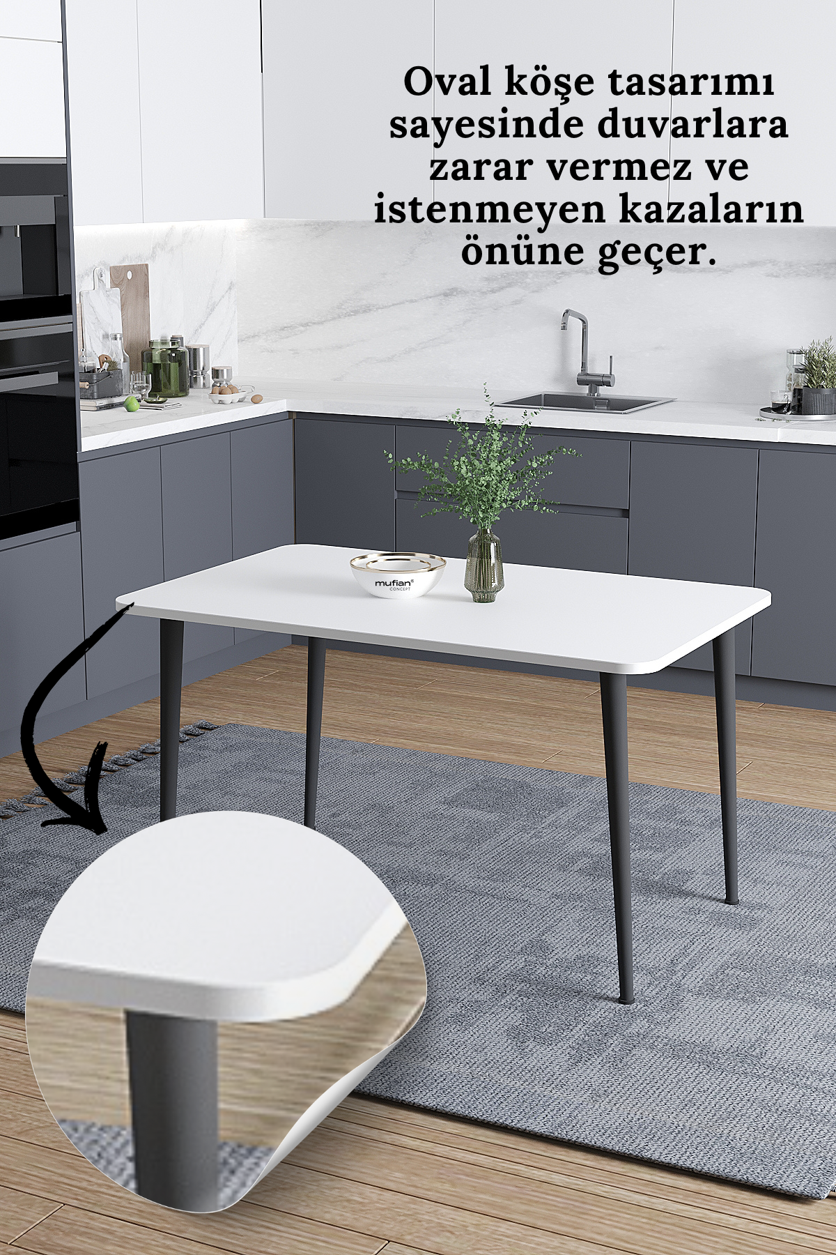 Damla İskandinav Bohem Modern Oval Beyaz Mutfak - Yemek - Balkon - Çalışma Masası