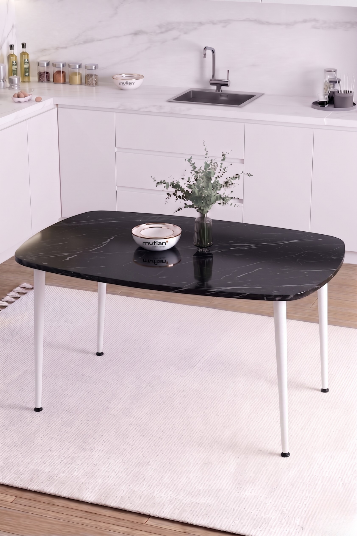 LUNA İskandinav Bohem Oval Beyaz Metal Ayaklı Siyah Mermer Desen Mutfak-Yemek-Balkon-Çalışma Masası