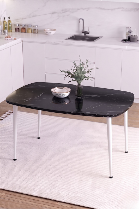 LUNA İskandinav Bohem Oval Beyaz Metal Ayaklı Siyah Mermer Desen Mutfak-Yemek-Balkon-Çalışma Masası