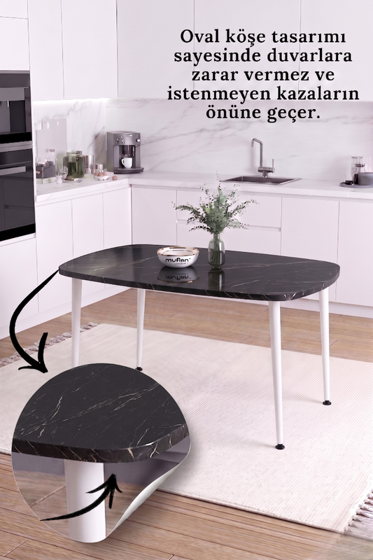 LUNA İskandinav Bohem Oval Beyaz Metal Ayaklı Siyah Mermer Desen Mutfak-Yemek-Balkon-Çalışma Masası