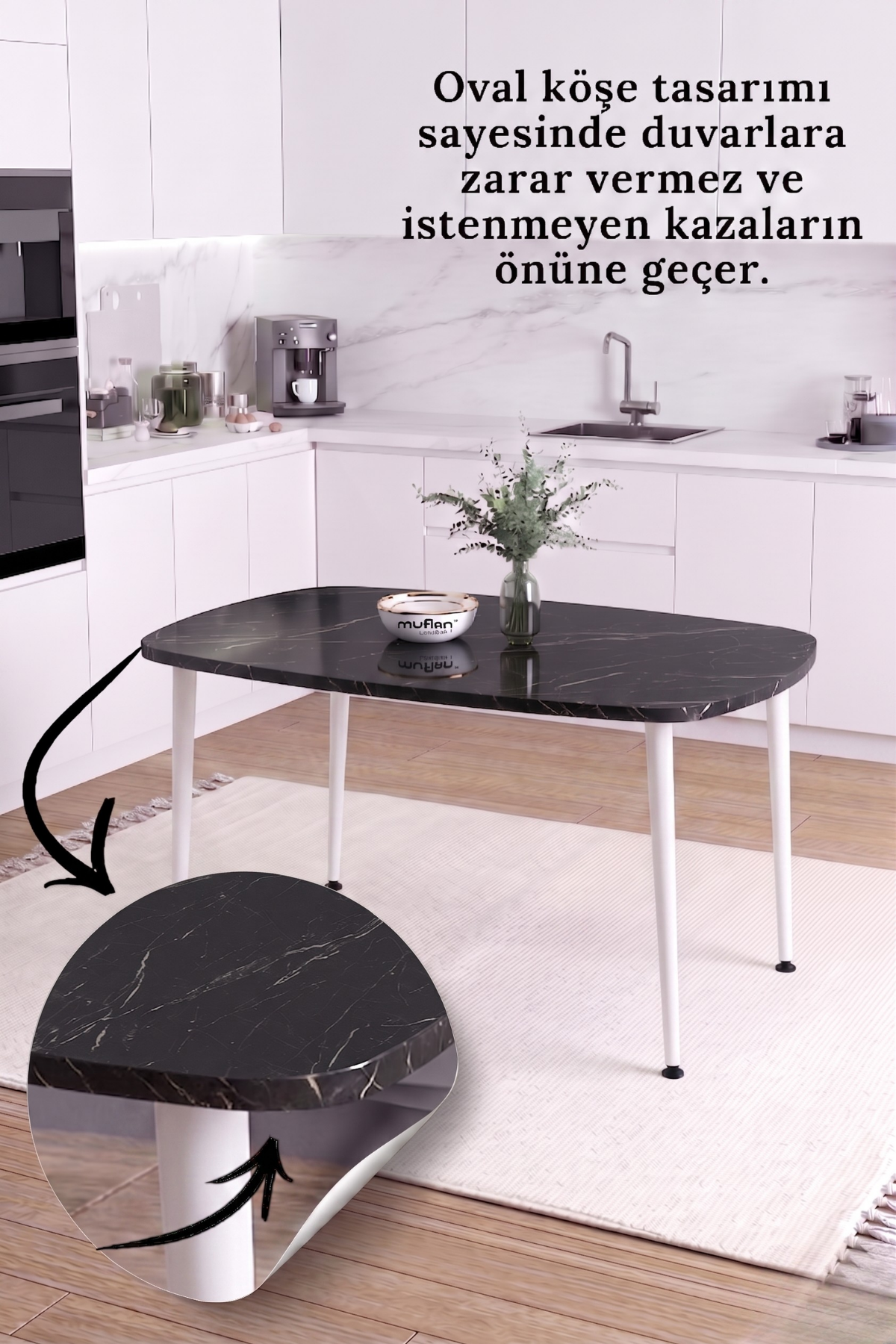 LUNA İskandinav Bohem Oval Beyaz Metal Ayaklı Siyah Mermer Desen Mutfak-Yemek-Balkon-Çalışma Masası