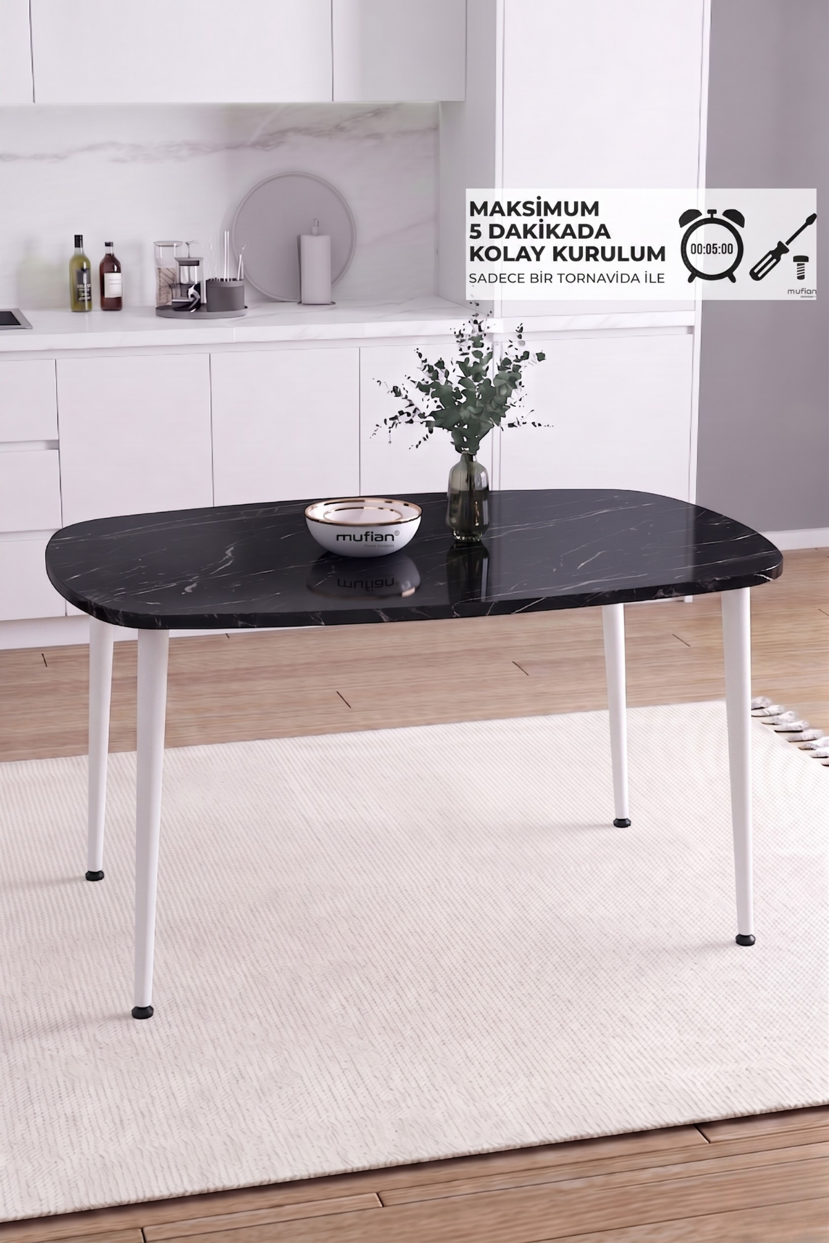 LUNA İskandinav Bohem Oval Beyaz Metal Ayaklı Siyah Mermer Desen Mutfak-Yemek-Balkon-Çalışma Masası