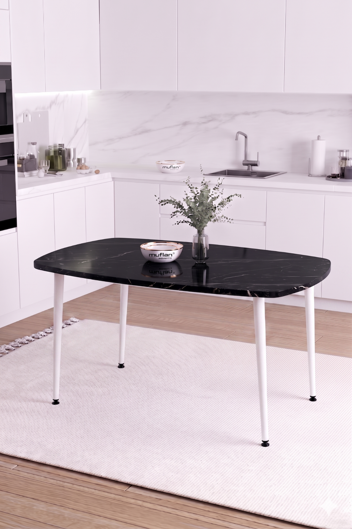 LUNA İskandinav Bohem Oval Beyaz Metal Ayaklı Siyah Mermer Desen Mutfak-Yemek-Balkon-Çalışma Masası