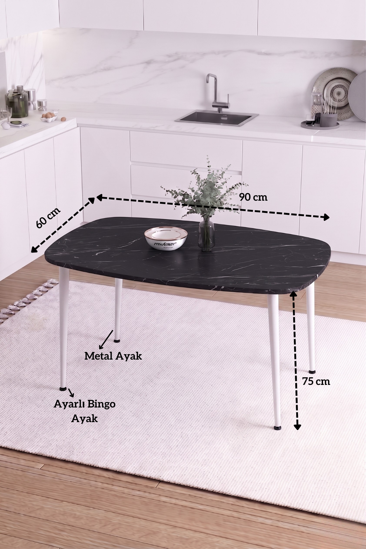 LUNA İskandinav Bohem Oval Beyaz Metal Ayaklı Siyah Mermer Desen Mutfak-Yemek-Balkon-Çalışma Masası