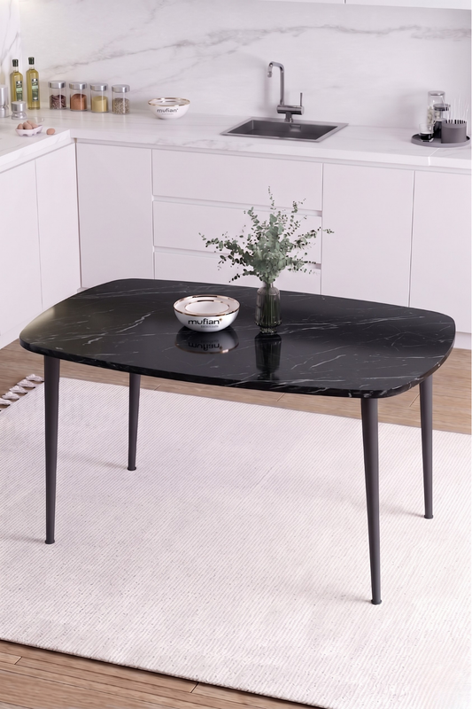 LUNA İskandinav Bohem Oval Metal Ayaklı Siyah Mermer Desen Mutfak-Yemek-Balkon-Çalışma Masası